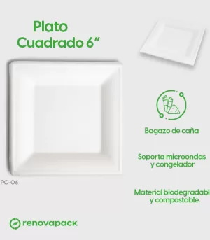 Alternative view of Plato Desechable Biodegradable Cuadrado 6" - Renovapack