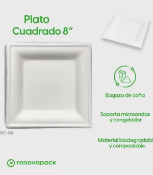 Alternative view of Plato Desechable Biodegradable Cuadrado 8" - Renovapack